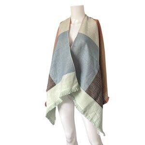 NEW 14th & Union Ruana Wrap Blue Orange Colorblock Knit Fringe Fall